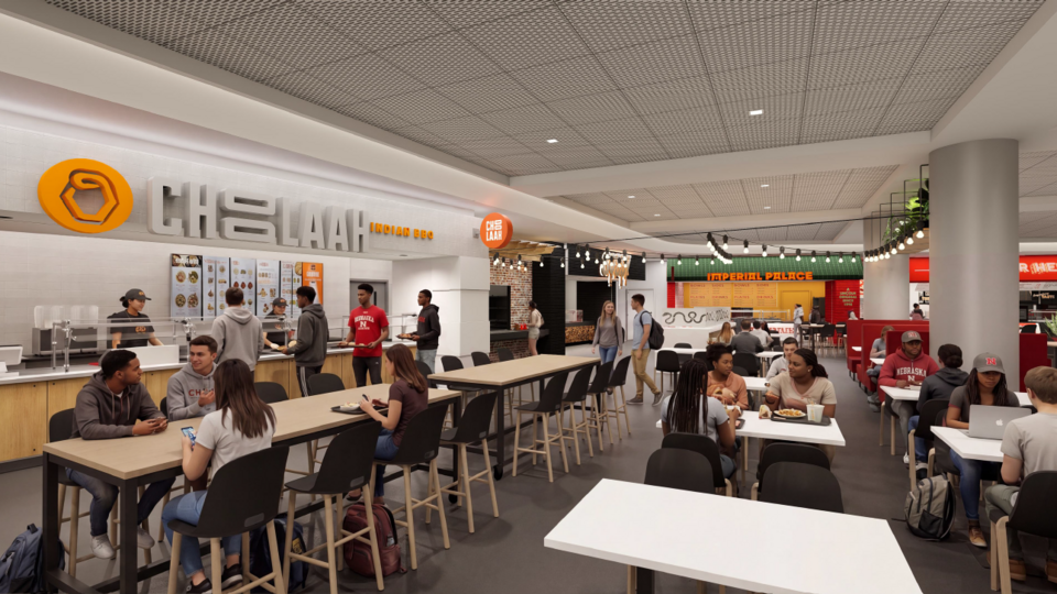 Rendering of restaurant seating area with people dining, ordering food, and socializing.