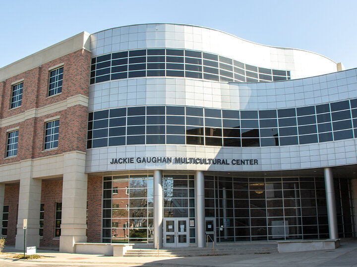 A landscape photograph featuring the Jackie Gaughan Multicultural Center