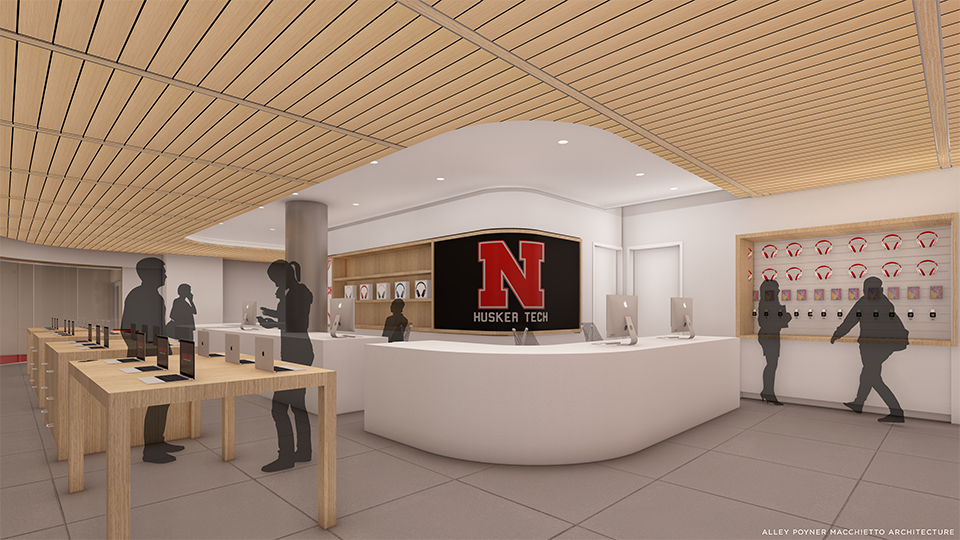 Artist rendering inside the HuskerTech store anticipated to open in 2025.